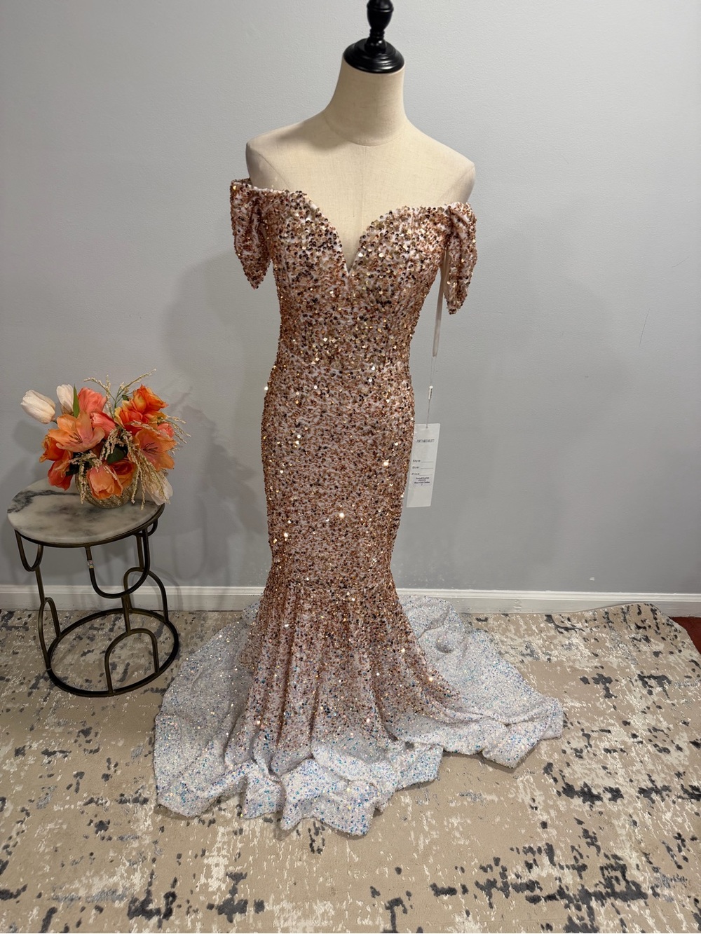 Portia & Scarlett Rose Gold Ombre Sequin Off The Shoulder Mermaid Evening Gown